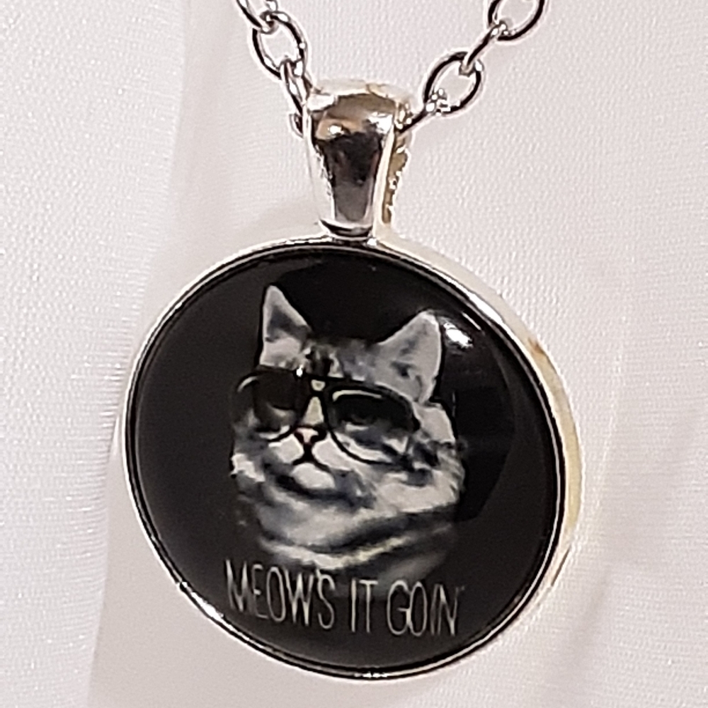 (G9) "Meow's Going On?" Necklace 1" Silver Cabochon glass dome 18" chain NWOT